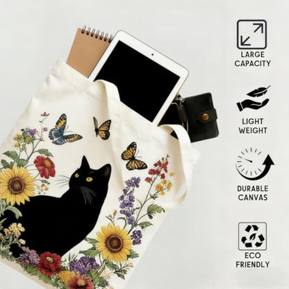 Canvas Tote Bags Reusable Shopping Bag for Women with Zippered Inner Pocket Magnetic Snap Closure - color: Black Cat 1