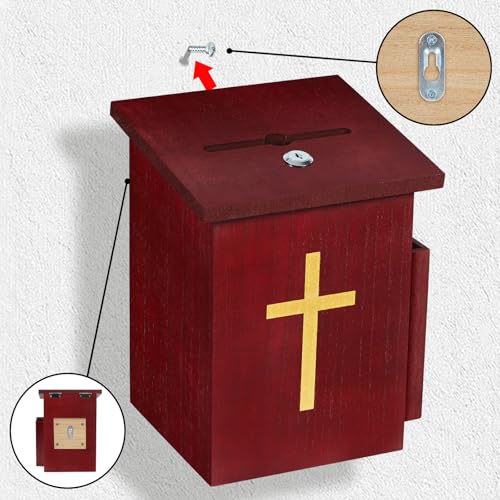 Offering Boxes for Church, Prayer Request Box with Slot and Lock - Wood Gold Cross Collection Fundraising Box Donation Charity Church Tithes - color: Dark Mahogany-1