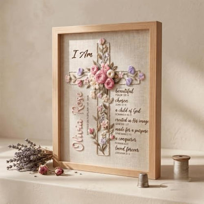 NAZENTI Custom Hand Embroidery Wooden Frame Sign Baptism Gift for Boy, Personalized Embroidered Floral Sign with Name - color: DS02
