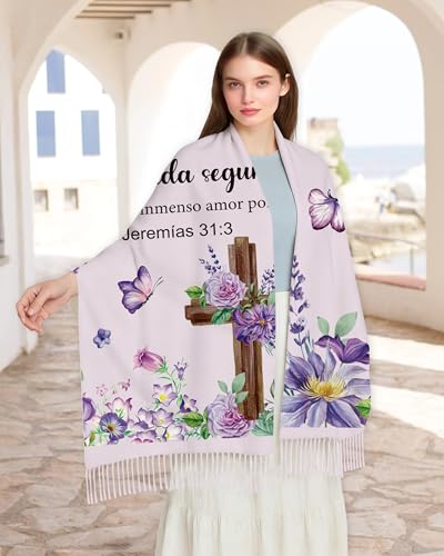 Bozidol Prayer Shawl for Women Christian Floral Cross Bible Verse Scarf Clothes for Christmas Mothers Day Birthday Gifts - color: Spanish 02