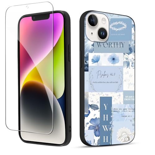 Floral Jesus Cross Christian Bible Verse Phone Case for iPhone 14/iPhone 13 6.1" Tempered Glass Screen Protectors Aesthetic Cases Shockproof Protective Cover for Women Girls Blue - color: Blue, size: for iPhone 14/iPhone 13