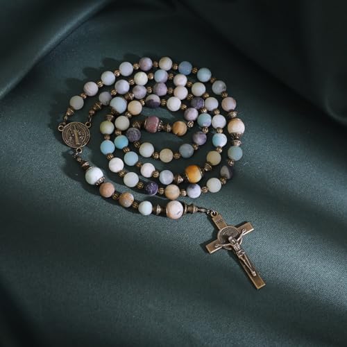 KOMI Catholic Gemstone Rosary Beads for Women - Holy Prayer Beads Necklace With Crucifix Cross
