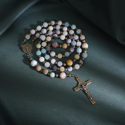 KOMI Catholic Gemstone Rosary Beads for Women - Holy Prayer Beads Necklace With Crucifix Cross