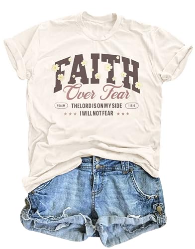Faith Over Fear Shirt Christian Shirts for Women Inspirational Bible Verse T-Shirt Religious Faithful Short Sleeve Tee - color: Apricot, size: Large