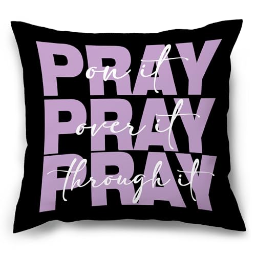 Black and Purple Christian Pray Decorative Throw Pillow Covers, Bible Verse Pillows Covers, Pray on It Over It Through It Pillow Cases Decor for Girly Prayer Room Dorm Couch Bedroom 18x18in - color: Black&purple
