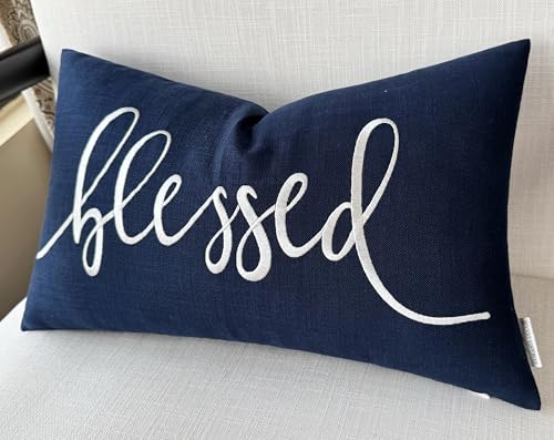 EURASIA DECOR Blessed Embroidered Lumbar Pillow Cover 12x20, Navy Blue - color: Navy Blue
