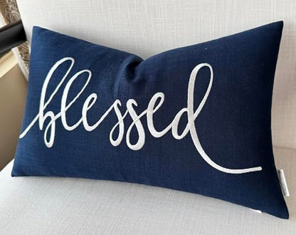 EURASIA DECOR Blessed Embroidered Lumbar Pillow Cover 12x20, Navy Blue - color: Navy Blue