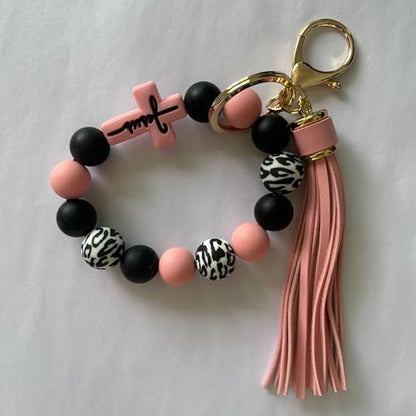 Silicone Beaded Jesus Cross Wristlet Keychain Leather Tassel,Key Ring Wrist Bangle,Key Chains Bracelet Women - color: Pink Cross