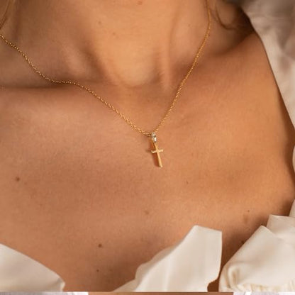 Rotnso Cross Necklace for Women 14K Gold Plated Dainty Small Pendant Choker - style: Cable Chain Glossy Cross-GD