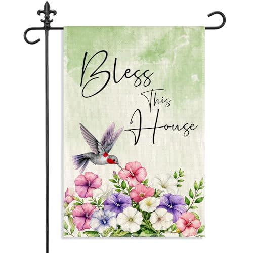 Bless This House 12 x 18 Inch Double Sided Hummingbird Garden Flag - color: Green