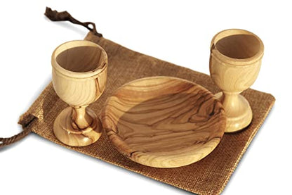 Christian Wedding Gifts – Olive Wood Communion Set Made in Bethlehem – 2 small Cups (3") & Bread Tray for Marriage Unity Ceremony – Authentic Holy Land Gift for Bride & Groom with Certificate - color: 2 Cup Set [Small]