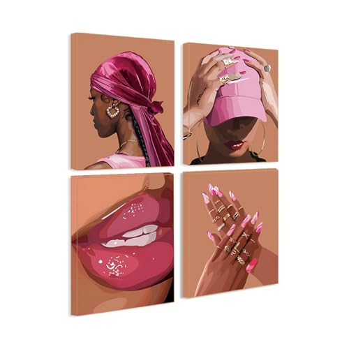 Pink Bedroom Wall Decor Black Girl Wall Art Canvas Prints Set of 4 - color: Framed 8"x10" Pink Black Women Wall Art Set of 4