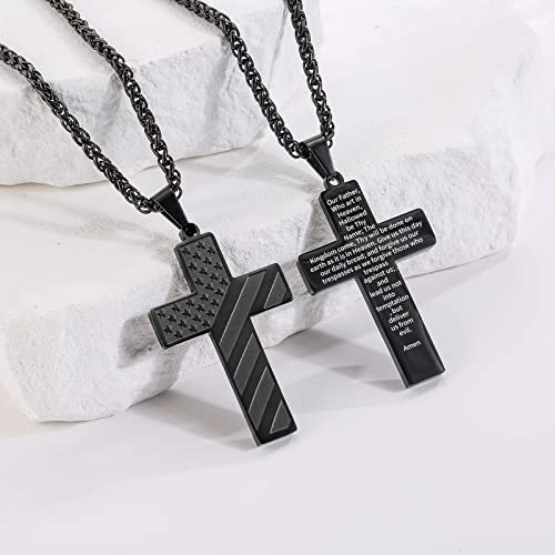 DuoDiner 18+2" Cross Necklace for Men Boys Christian Confirmation Gifts - color: Black, style: Lord's Prayer