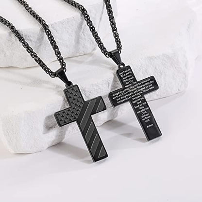 DuoDiner 18+2" Cross Necklace for Men Boys Christian Confirmation Gifts - color: Black, style: Lord's Prayer