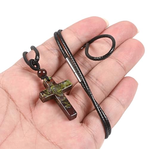 Justinstones Natural Gemstone Carved Cross Reiki Chakra Pendant Necklace 22 Inch - color: 30mm Dragon Blood Jasper