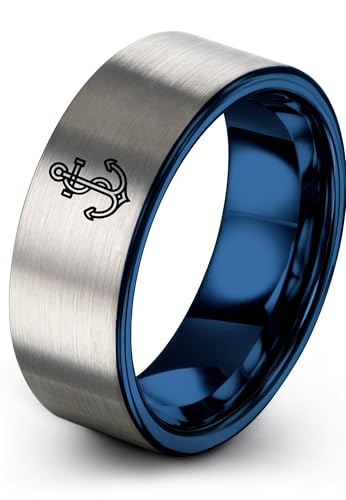 Gift for Nautical Fan - Anchor With Rope Ring - Men Women - Tungsten - Flat Dome Bevel - Band - Yellow Gold Black Silver Blue - Anniversary Wedding - 8mm - Brushed Polished - Personalized Custom Engra - color: 15 - Blue Grey Tungsten