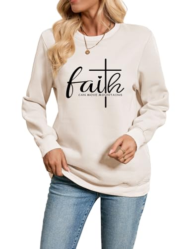 Christian Sweatshirts for Women Faith Can Move Mountains Sweatshirt - color: Beige, size: X-Large