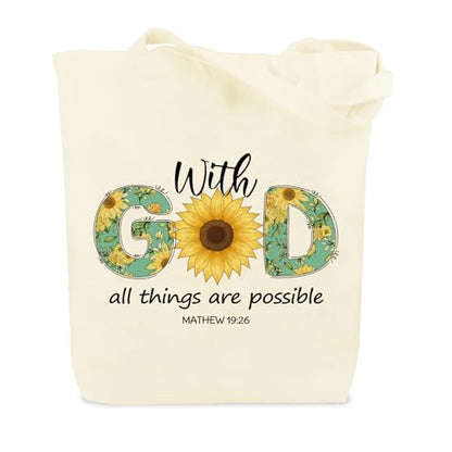 Christian Gifts for Women Faith With God All Things Are Possible Religious Bible Verse Canvas Tote Bag with Handles Inspirational Spiritual Birthday Christmas Gifts for Best Friend Sister Coworkers