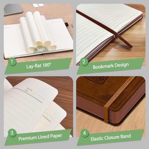 A5 Debossed Cross Leather Journal, 300 Pages Lined Notebook, Brown Vintage Pattern Hardcover Notebook for Travel Diary, Business, Work and School Daily Writing - style: Cross