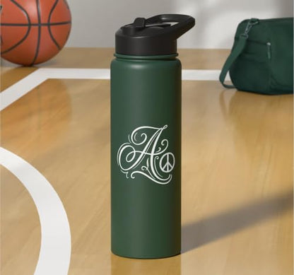 fancy Italic script Initial Letter A minimalist peace symbol Stainless Steel Insulated Water Bottle - color: Dark Green