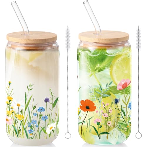 Sliner 2 Pcs Wildflower Glass Drinking Cups with Lid Straw, 16 oz - color: Fresh Colors, size: Wildflower
