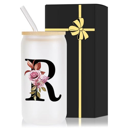 Monogrammed Glass Drinking Cup With Lid Straw Women Happy Birthday Christmas Xmas Day Holiday for Female Boss Teacher Aunt Big Gift Small Sister in Law Mother Stepmother Weding Groom Bride Officiant,R - style: Letter R
