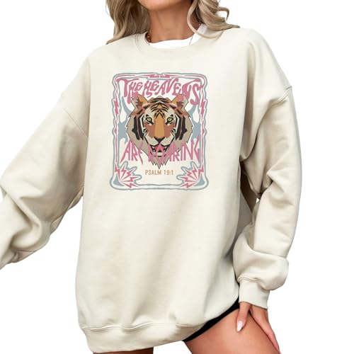 FITIN Unisex The Heavens Are Roaring Psalm 19:1 Sweatshirt – Christian Tiger Graphic Faith Crewneck - color: Sand, size: Small