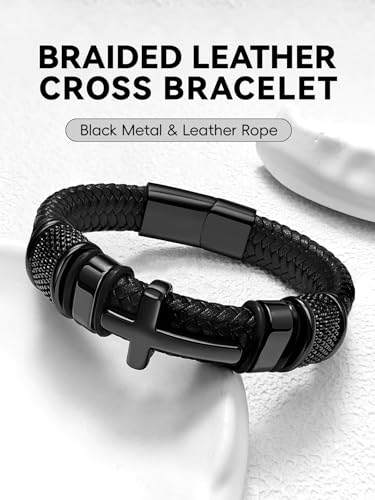 Black Cross Cuff Bracelet for Men, Philippians 4:13 Stainless Steel Braided Leather Bible Verse Jesus Bracelets Inspirational Faith Gift for Dad Brother Son Religious Baptism Confirmation Gifts - color: D-Black Cross, size: 9 Inches