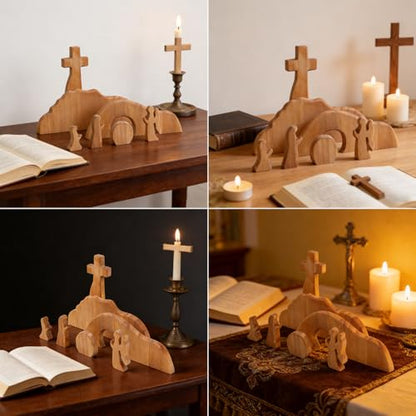 Empty Tomb Easter Scene and Christian Cross Decoration, Wooden Easter Resurrection Scene Cross Jesus Tomb Tray Set, Easter Decor for Religious Home Office Tabletop Christian Gifts