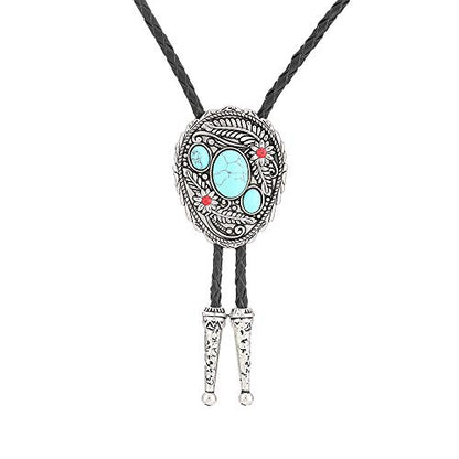 bolo tie for man,handmade western cowboy alloy natural mix Leather Bolo Tie - color: Leaf Turquoise Bolo Tie