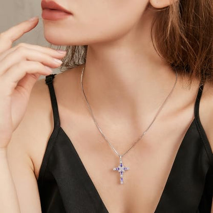 925 Sterling Silver Cross Necklace for Women，Birthday Delicate Star Cross Necklace Jewelry Gifts for Women，Birthstone Religious Jewelry for Mom, Chain 18 inch - color: F. 6. Light Purple-June