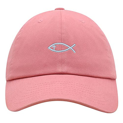 JPAK Jesus Fish Symbol Premium Dad Hat Embroidered Cotton Baseball Cap Symbol of Christianity - color: Coral Silk