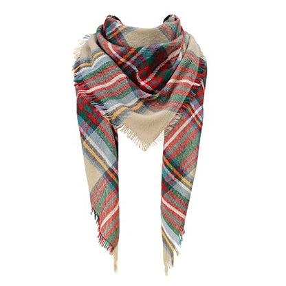 American Trends Scarfs for Women Winter Triangle Scarf Classic Plaid Warm Scarf Soft Scarves Knitted Wrap Shawl - color: Beige & Red & Green