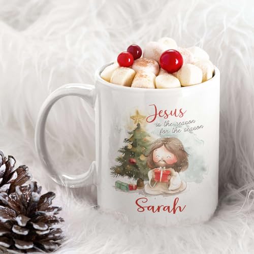 Adorable Jesus And Christmas Tree Design Mug, Custom Name Jesus Ceramic Cup, Novelty Coffee Mug 11oz 15oz, Personalized Christian Cup For Christmas, Customized Religious Mug, Gift For Kid - color: XUA-324-1554-JESUS IN CHRISTMAS DAY MUG