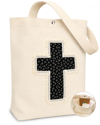 Christian Tote Bag Gift for Women, Canvas Bible Bag Handmade Floral Cross - color: Cream-black Ditsy Floral