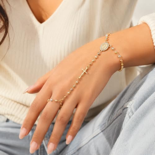 Rosary Bracelet for Women, Colorful Beaded Ring Bracelet Hand Chain with Virgin Mary Medal and Cross Charm, Catholic Religious Jewelry Gift