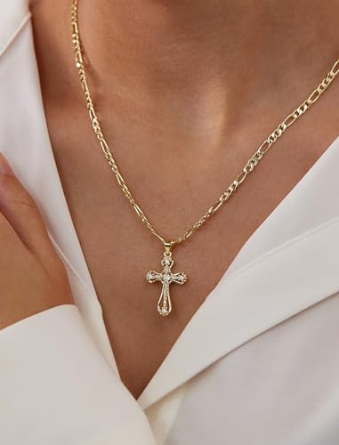 14K Gold Plated Cross Necklace for Women, Cubic Zirconia Copper Cross Pendant, Valentine Mother's Day Gifts for Her with Jewelry Box Figaro Link Chain, Alloy Infinity CZ Diamond Bridal Wedding - color: Gold