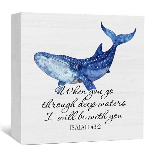 Christian Coastal Whale Wooden Box Signs Desk Decor, Christian Beach Home Decor, Bible Verse Religious Wooden Signs Desk Decorations for Home Bedroom Office Tabletop Shelf Wall, 5x5in