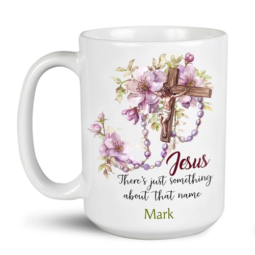 Personalized Porcelain Mug With Detail Holy Cross Rosary, Customized Unique Name On Christian Tea Cups, Custom Christian White Coffee Mugs, Religious Theme Mug For Friends, Family - color: XUA-324-1555-Holy Cross Rosary