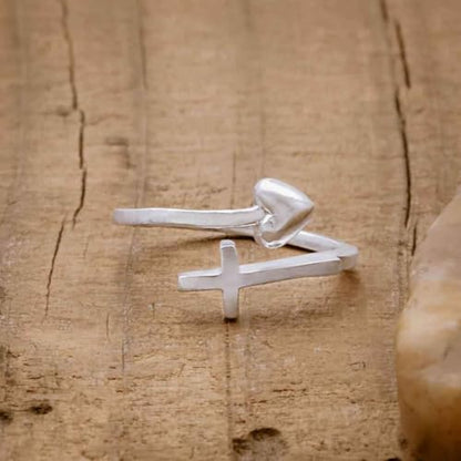Wrapped in Christ's Love Adjustable Cross Ring Sterling Silver Women