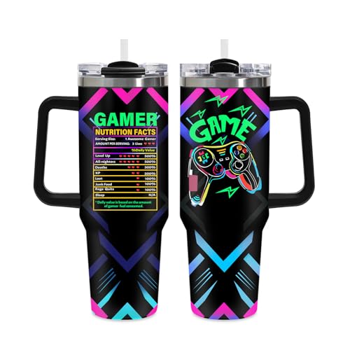 40oz Gamer Tumbler with Handle for Boys, Game Controller Gifts for Men Teenagers, Neon Double Wall Stainless Steel Insulated Travel Coffee Mug Present for Adult Kids Youth Him Birthday Room Decor - color: Game-D-155
