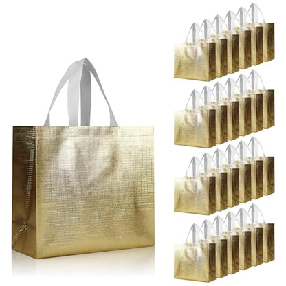 cabzymx 25 Pcs Gold Reusable Gift Bags with Metallic Design, Non-woven Gift Bag Bulk with Handles, Glossy Party Bags for Wrapping Gifts, Birthday, Wedding, Parties, Graduation-12.6x4.7x11 In - color: Gold, size: 1 Count (Pack of 25)