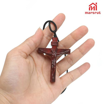 Wooden Crucifix Necklace for Men Women, Brown Wood Cross Christian Jesus Catholic Handmade Natural Pendant Chain, Braided Cord Rope, Religious Jewelry Spiritual Gift for Baptism Confirmation Easter