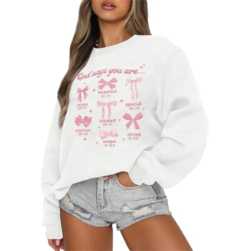 Christian Bow Sweatshirt for Women God Jesus Bible Verse Sweatshirts Cute Bow Graphic Coquette Long Sleeve Shirts - color: White, size: Medium