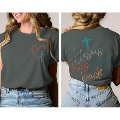Tuislay Christian Shirts for Women Jesus Has My Back Tshirt God Bible Verse Shirt Faith Cross T Shirts Inspirational Tees Top - color: Deep Gray, size: Small