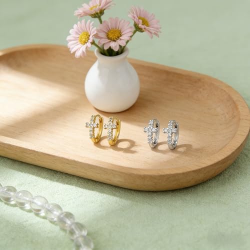 Gold Cross Hoop Earrings for Women Cubic Zirconia Cross Earrings Prom Wedding Party Huggie Earrings Christian Jewelry Gift - color: Gold