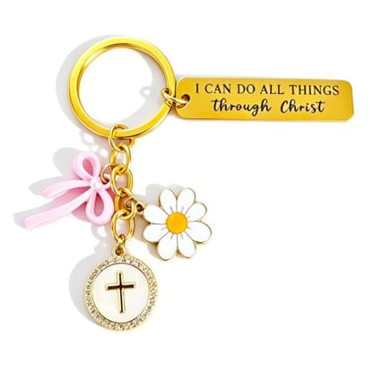 Christian Gifts Inspirational Bible Verse Religious Cross Keychain - color: Gold