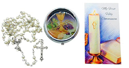Westmon Works Girl's First Communion Rosary Set White Glass Bead with Metal Chalice Centerpiece and Crucifix with Case and Holy Prayer Card in a Drawstring Bag