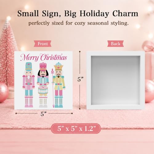Pink Christmas Decor, Nutcracker Christmas Decorations Indoor, Merry Sign Gift for Women Friends, Rustic Farmhouse Wooden Box Sign for Home Shelf Office Bedroom Living Room Desk Decor 5x5 Inches - color: Merry Christmas-5