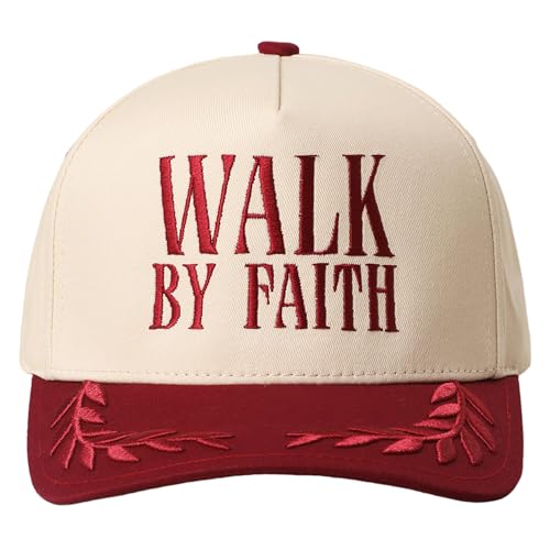 MIRMARU Christian Theme 5 Panel Embroidered Cotton Trucker Hat with Inspirational Faith Sayings for Men and Women - color: Walk By Faith, Burgundy